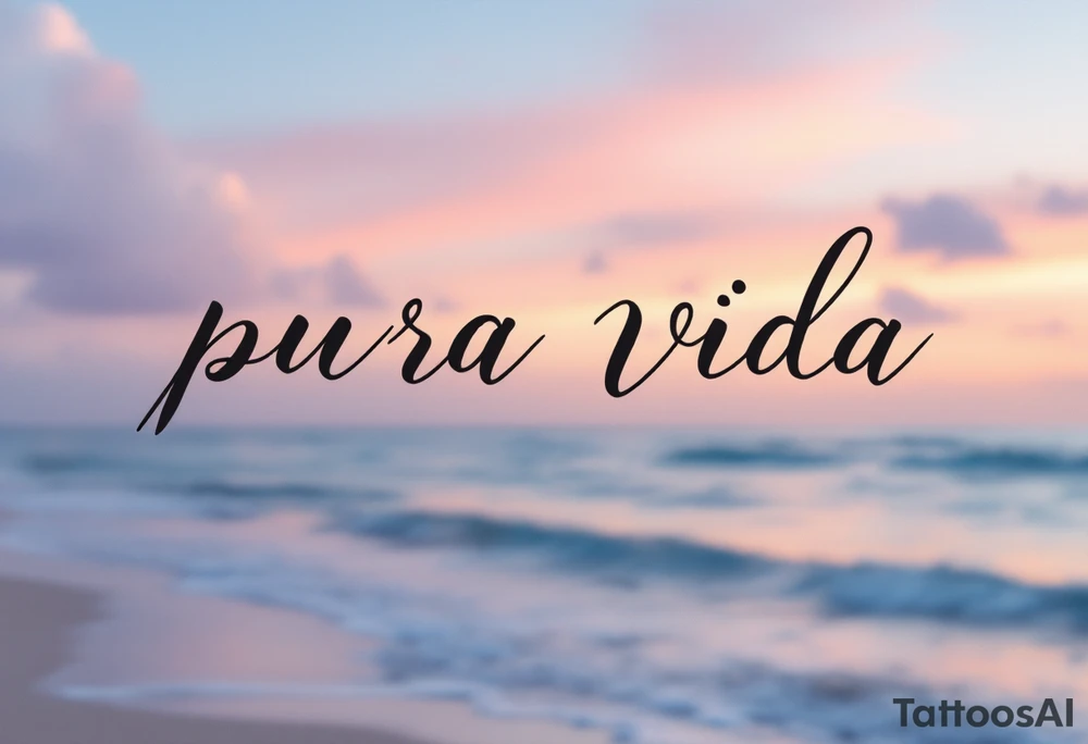 Elegant black “Pura Vida” with a faded pastel beach sunset in the background—peach, lilac, and baby blue. tattoo idea