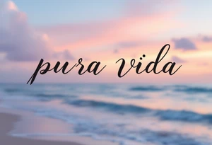 Elegant black “Pura Vida” with a faded pastel beach sunset in the background—peach, lilac, and baby blue. tattoo idea