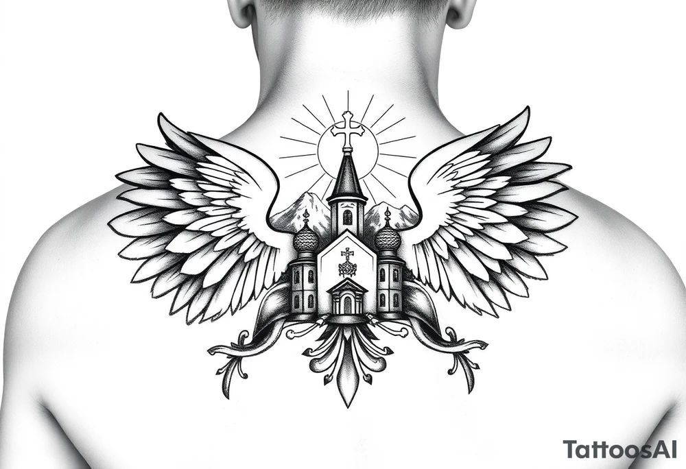 an actual russian coat of arms with both heads visible & wings spanning out on my back neck across on to my shoulders / traps with a orthodox christian church being visible in a mountainous sun beaming setting, with the russian orthodox cross spire of the orthodox church being visible on my neck with a sun beaming in the background that the cross sits inside tattoo idea