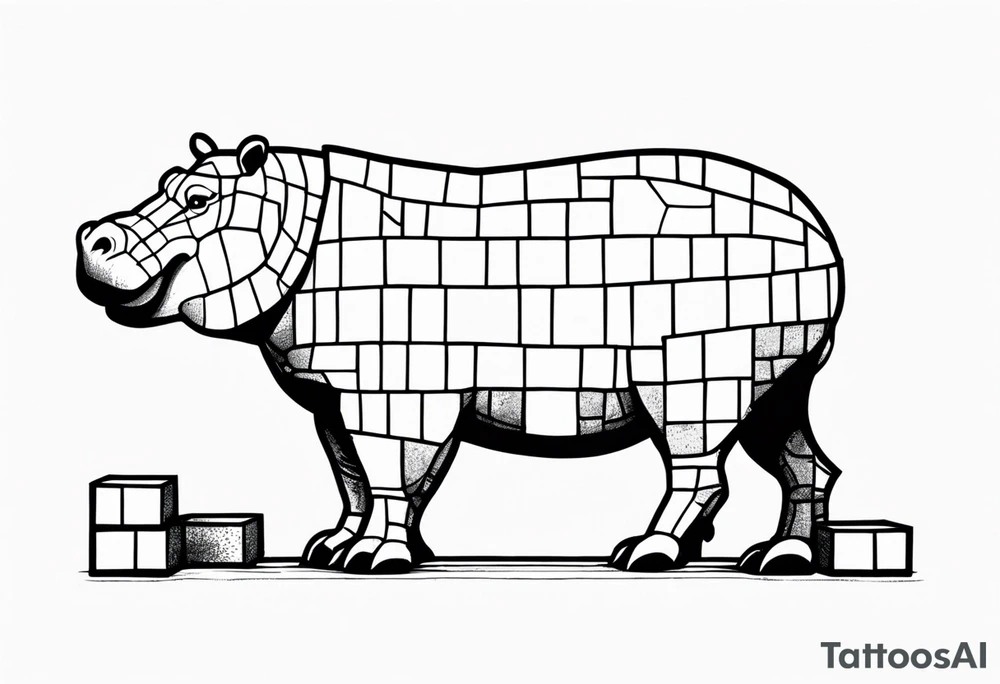 Hippopotamus standing upright and laying bricks onto a partially built brick wall tattoo idea