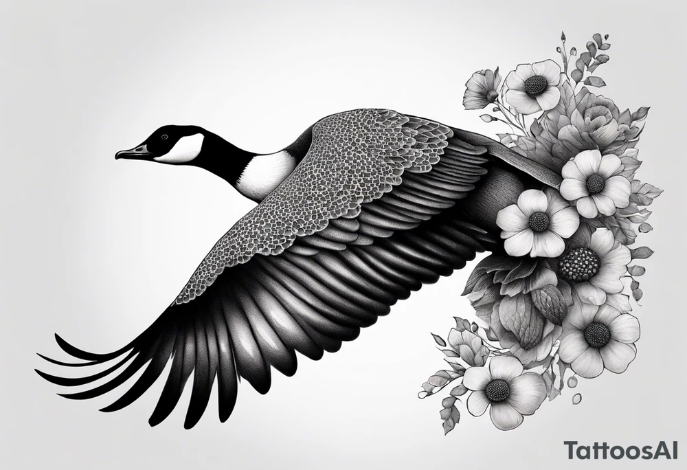 canadian goose spread wings with flowers side tattoo idea