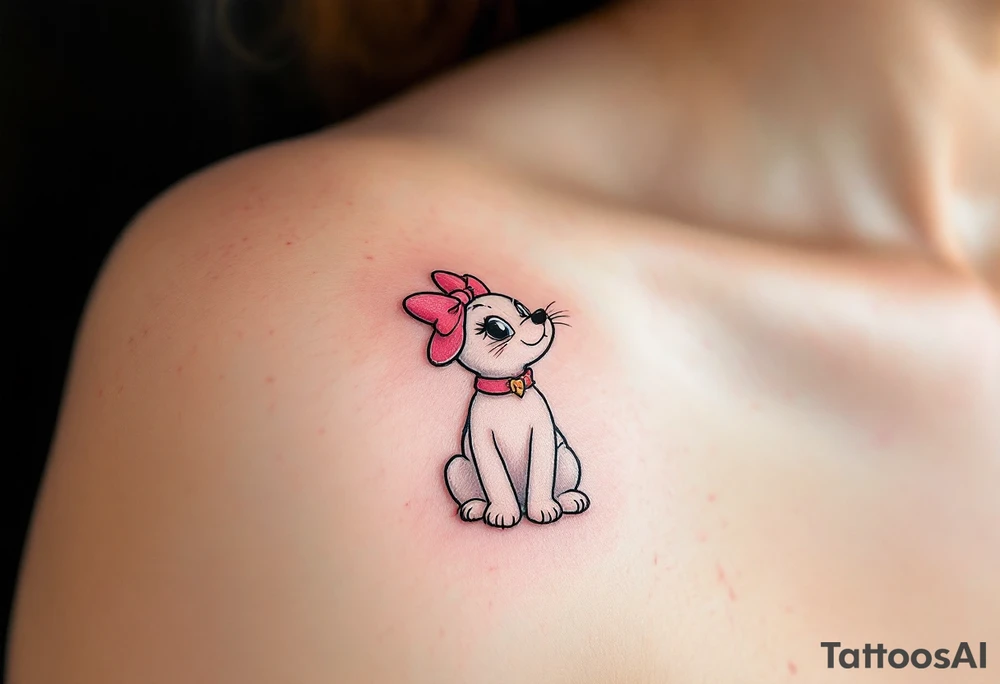 Classic Marie Portrait – A delicate tattoo of Marie sitting with her signature pink bow and collar, white fur perfectly groomed, with her head tilted playfully to the side. tattoo idea