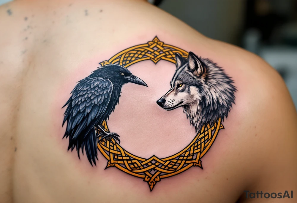 Celtic Wolf and Raven Pair – A gray-and-white wolf facing a black raven, both surrounded by interlocked golden Celtic knot patterns forming a circle. tattoo idea