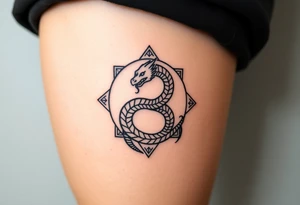 Ouroboros or dragon/serpent/snake eating its own tail in a figure 8 in negative space with geometric patterns tattoo idea