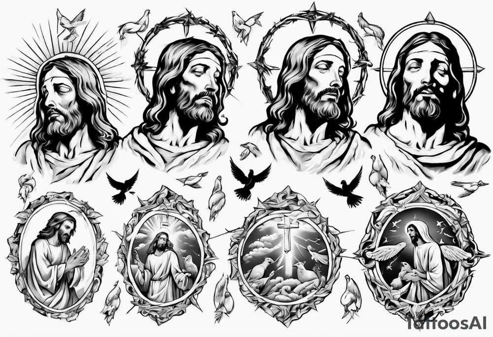 Jesus with thorns looking up and crying, doves, lambs, blood tattoo idea Jesus with thorns looking up and crying, doves, lambs, blood tattoo idea
