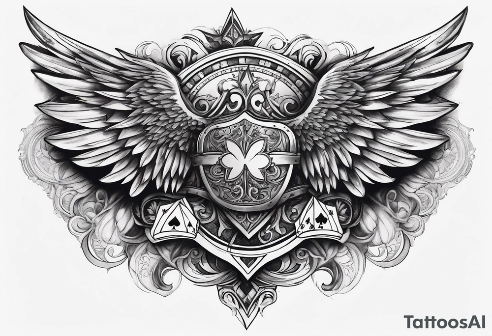 full chest tattoo with wings on shoulders with poker cards in the middle with shading tattoo idea