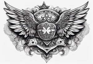 full chest tattoo with wings on shoulders with poker cards in the middle with shading tattoo idea