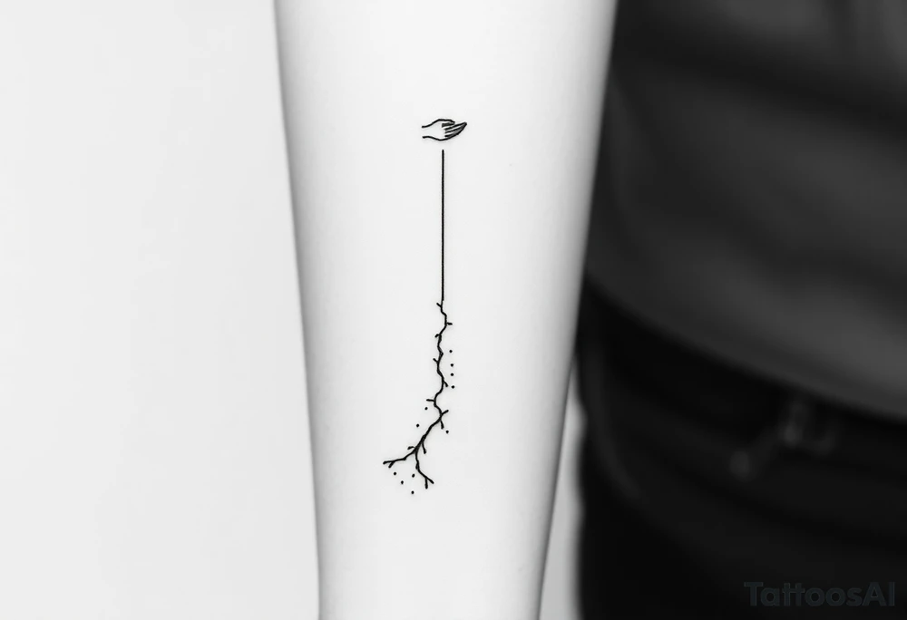 Minimalist black-ink forearm tattoo honoring a father and the continuation of his legacy. Central design: a single, rising abstract line or path starting faint and fragmented at the bottom (symbolizing the father’s unfinished work) and growing solid and strong as it rises (representing the son carrying the legacy forward). Along the path, include fine particle-like lines or dots flowing upward, symbolizing the father’s presence and guidance cheering the son on. Subtly integrate an abstract outline of the father’s figure or hand at the top, ethereal and minimal, watching proudly over the path. Include the Roman numerals or small elegant text: “VI·IV·MMXXIII” to mark April 6, 2023, and optionally the phrase “Building what he couldn’t” integrated along the line. Style: clean, minimalistic, fine-line black ink only, simple but meaningful, vertical forearm layout, emphasizing legacy, guidance, and emotional depth. tattoo idea