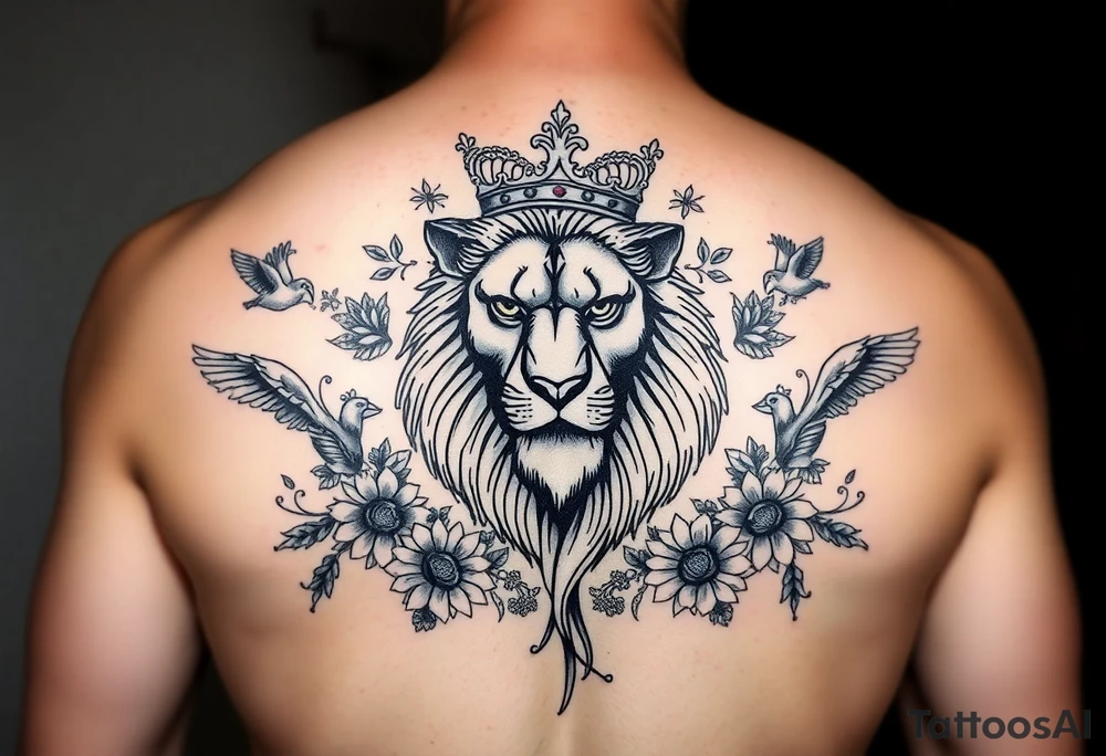 powerful majestic lion with a crown, surrounded by floral ornaments and birds tattoo idea