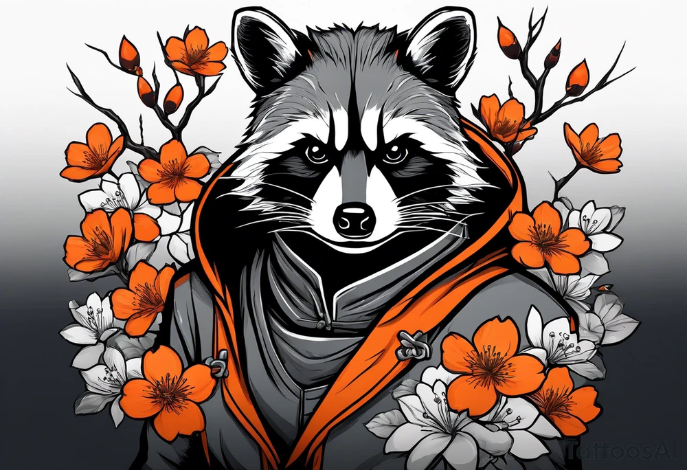 Raccoon wearing a white Superman logo on a black hoodie and orange Japanese cherry blossoms tattoo idea