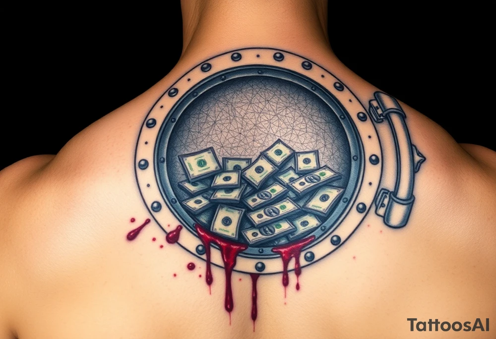 Open vault full of money with splatters of blood more realistic tattoo idea