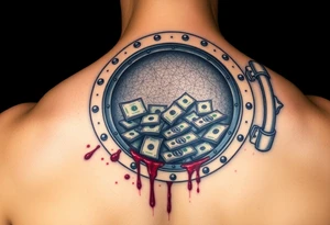Open vault full of money with splatters of blood more realistic tattoo idea