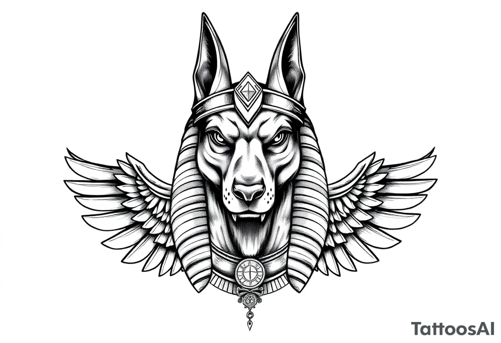 Egyptian Anubis god face muscle in Egypt style  with mantle on head with empty eyes 

dog face surrounded Egyptian symbols based on elements tattoo idea