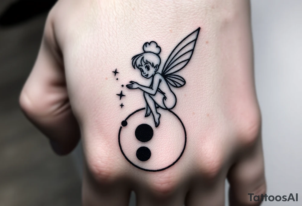 Tinkerbell sitting on a crest moon thrown pixie dust tattoo idea
