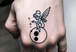 Tinkerbell sitting on a crest moon thrown pixie dust tattoo idea