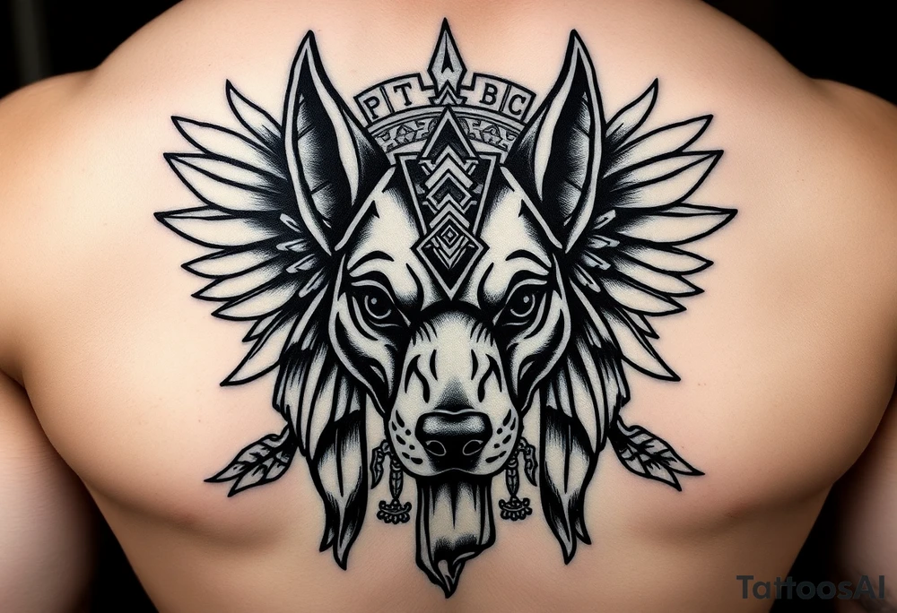 Egyptian Anubis god face muscle in Egypt style dog face surrounded Egyptian symbols tattoo idea