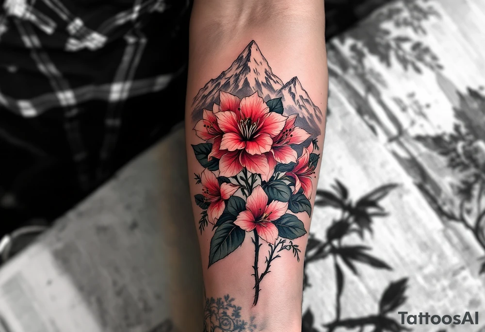 red  and black rhododendron trippy with Himalayas behind tattoo idea