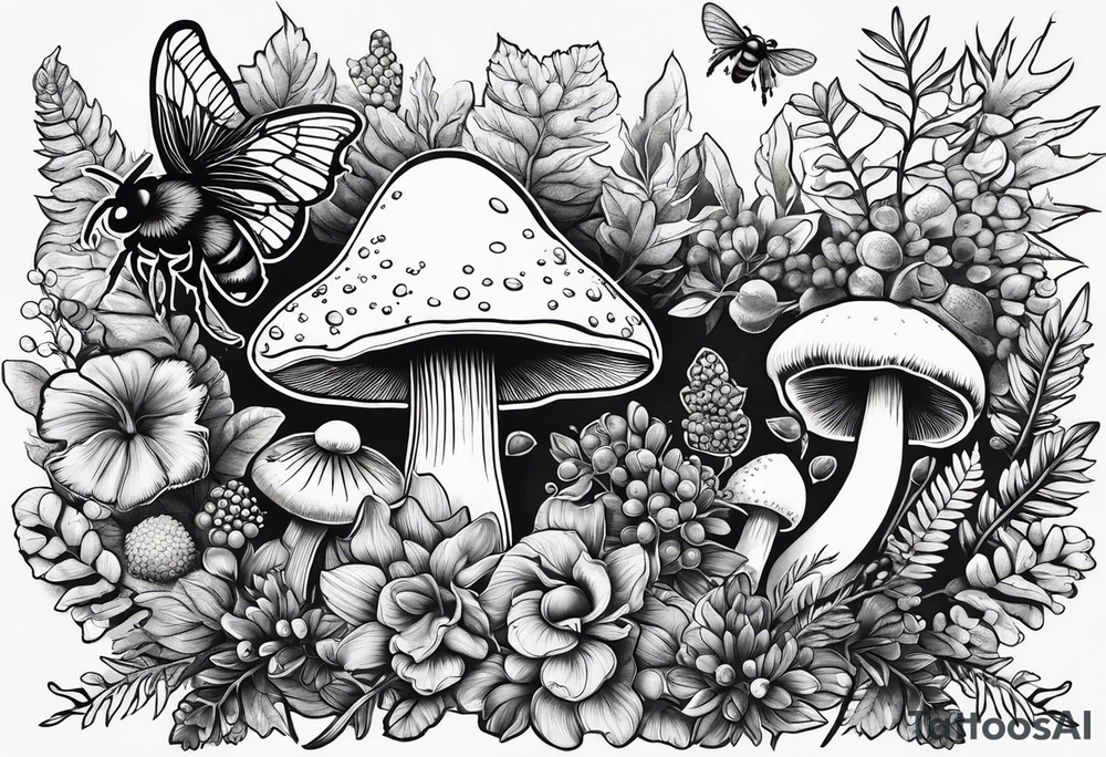 Botanical, wildlife, mushroom, bumble bee, moth, fern, berries for on an arm tattoo idea