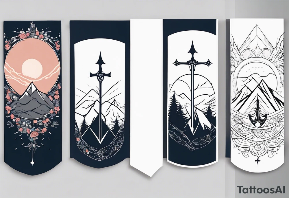 complete upper arm sleeve. Feature three mountain peaks, each topped with a simple star from a court of thorns and roses. Emphasize crossed swords, integrating with abstract, feather-like patterns that evoke the Valkyrie spirit like nesta from a court of silver flames. Keep the design in clean, simple lines. tattoo idea
