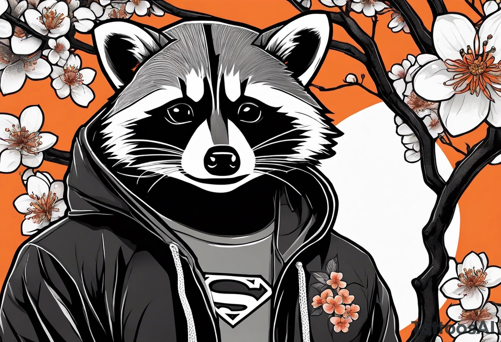 Raccoon wearing a white Superman logo on a black hoodie and orange Japanese cherry blossoms tattoo idea
