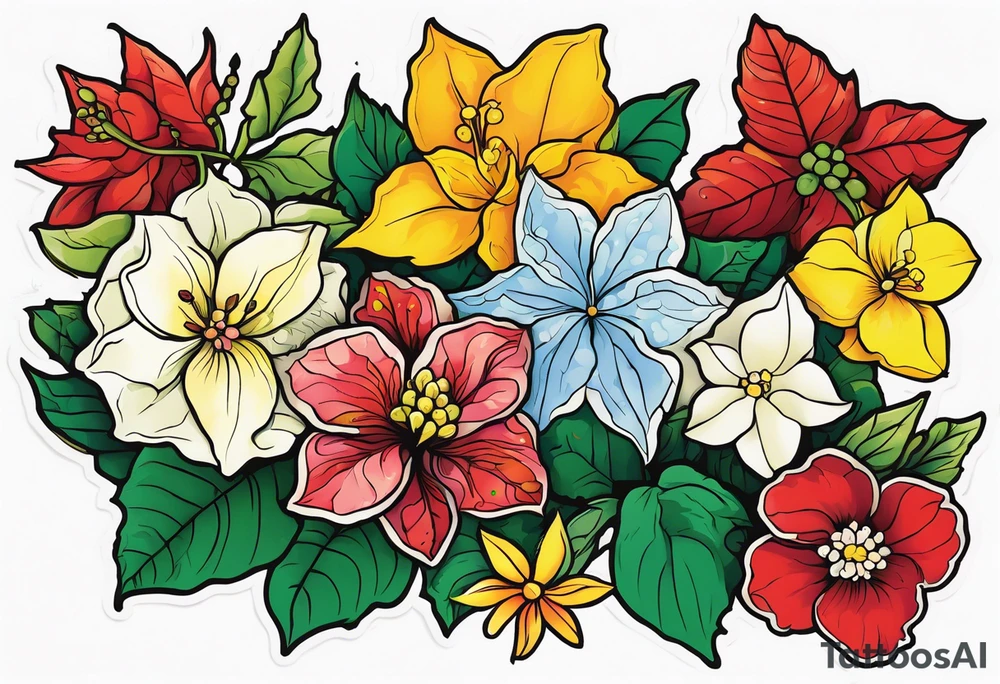 Hydrangea, Narcissus, Poinsettia, Holly, Gladiolus, Poppy, Daisy, Sweet Pea floral tattoo idea