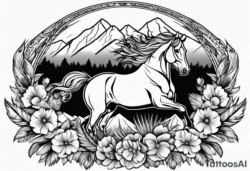 bucking horse, mountains background, feather, flowers, western tattoo idea