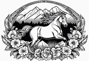 bucking horse, mountains background, feather, flowers, western tattoo idea