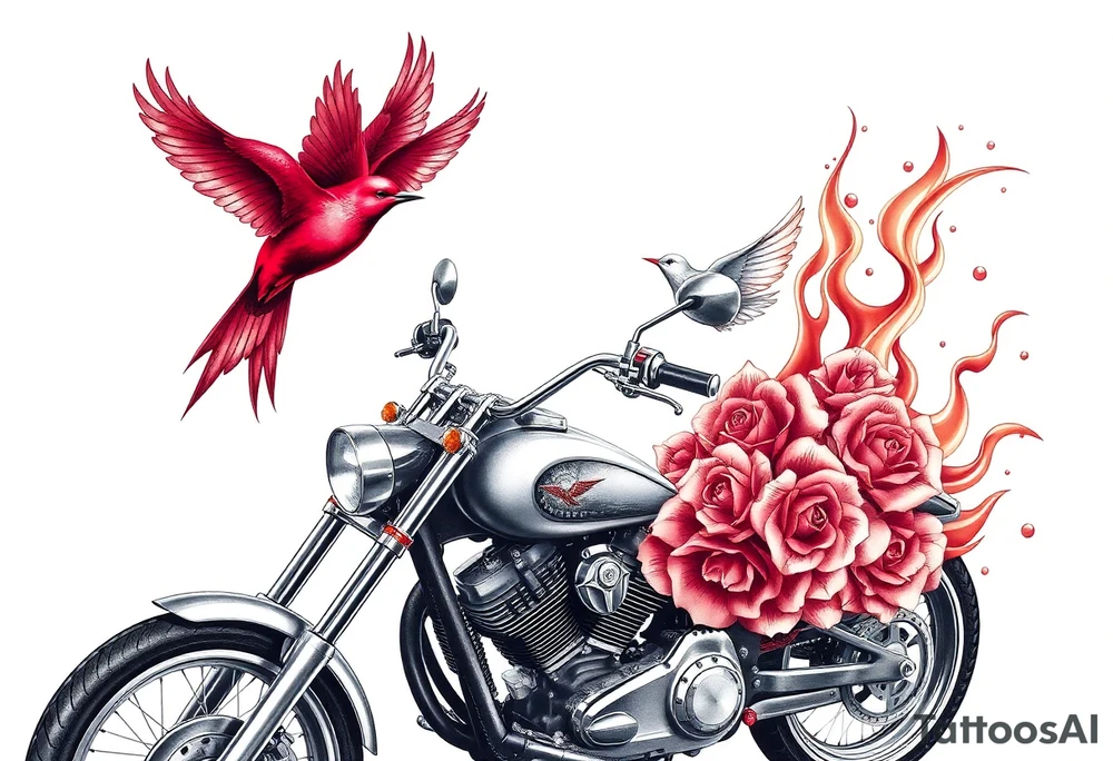 Motorcycle, two red birds flying, roses and lace, flames tattoo idea