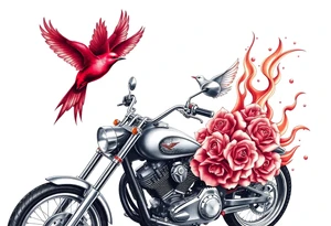 Motorcycle, two red birds flying, roses and lace, flames tattoo idea
