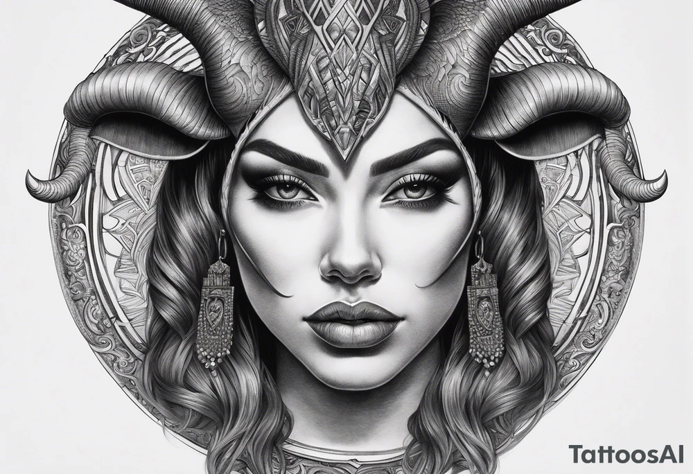 symmetrical woman head with curved horns facing downwards dark realism looking front facing view, ultra-detailed, high quality, high sharpness, hyper-realism, hyper-details, hyper-photorealistic, hyper-realistic tattoo idea