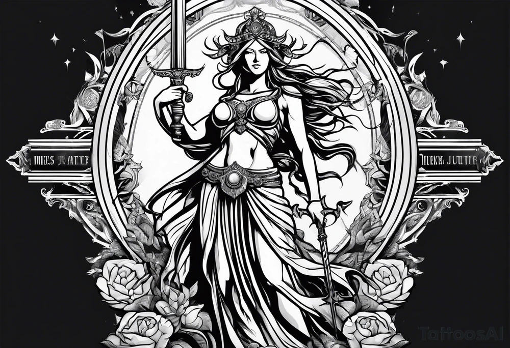 Nemesis, the goddess of justice, standing with sword and scale tattoo idea