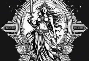 Nemesis, the goddess of justice, standing with sword and scale tattoo idea