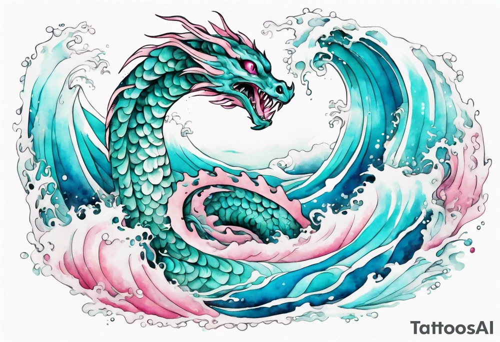 a turquoise and white and pink pretty sea serpent with beautiful eyes rising from the blue waves of the ocean tattoo idea