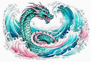 a turquoise and white and pink pretty sea serpent with beautiful eyes rising from the blue waves of the ocean tattoo idea