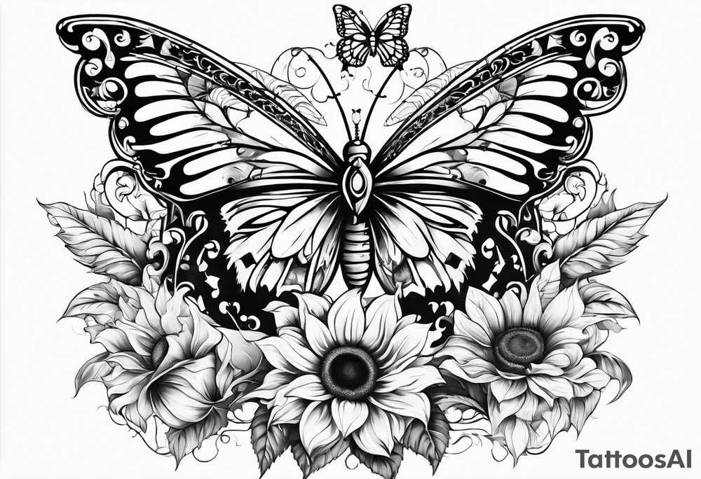 Winged cross with sunflower and butterflies tattoo idea