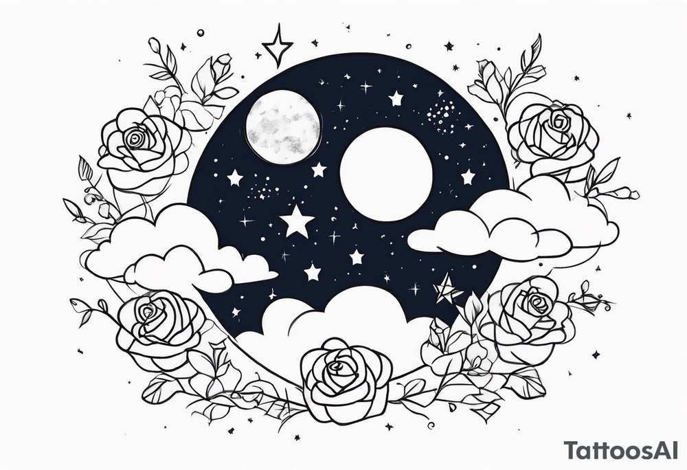 Clouds with tesseract inside and small roses and stars around it tattoo idea