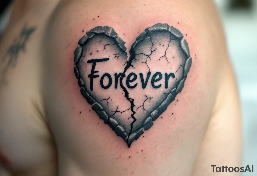 "Forever" carved into a weathered gray stone heart, cracked but unbroken. tattoo idea
