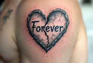 "Forever" carved into a weathered gray stone heart, cracked but unbroken. tattoo idea