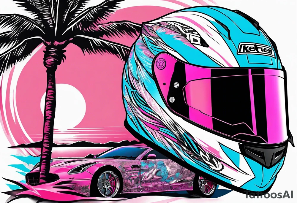 formula 1 helment with a palm tree and black light blue and pink colors tattoo idea