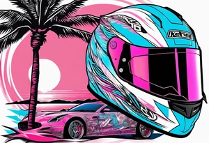 formula 1 helment with a palm tree and black light blue and pink colors tattoo idea