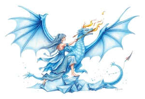 Woman throwing a spear at a blue fire breathing dragon with wings spread and flying over ice tattoo idea