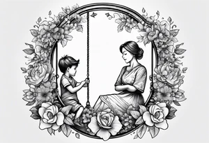 1/2 sleeves full of flowers with a mom older son  younger daughter in the middle on a swing in a distance tattoo idea