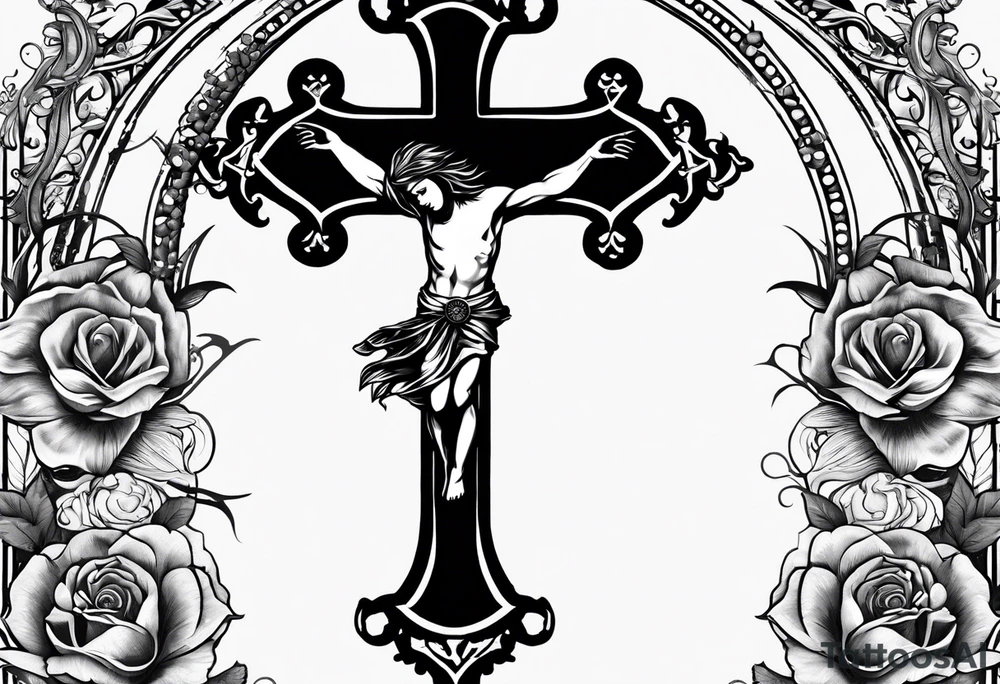 A cross wrapped in a rosary with a pocket watch and ravens flying in the background upper arm tattoo tattoo idea