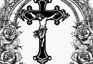 A cross wrapped in a rosary with a pocket watch and ravens flying in the background upper arm tattoo tattoo idea