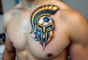 A half-soccer, half-hockey ball fused behind a gleaming golden Sparta "S" logo with blue accents. tattoo idea