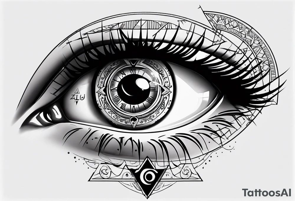 triangle tattoo with eye inside in arabic letters. Inside the iris create a broken clock. the pupil loophole. tattoo idea