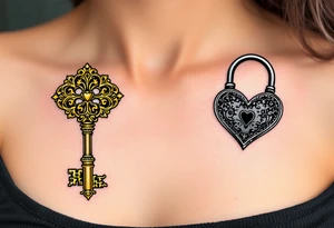 One has a vintage golden key with intricate filigree, and the other a heart-shaped lock in black and gray, matching on wrists or forearms. tattoo idea