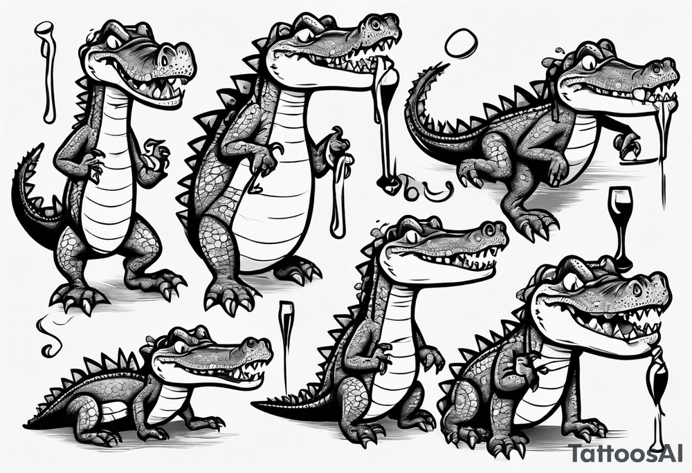 drunk cartoon crocodile full body tattoo idea