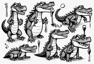drunk cartoon crocodile full body tattoo idea