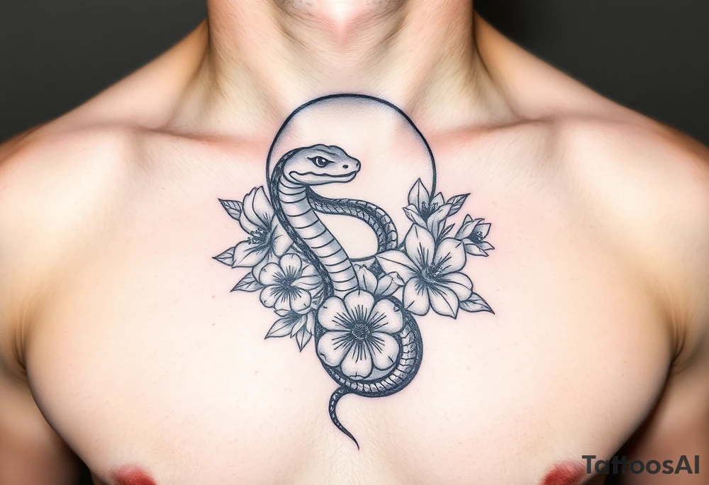 A snake slithering in different flowers with a quarter moon in the background tattoo idea